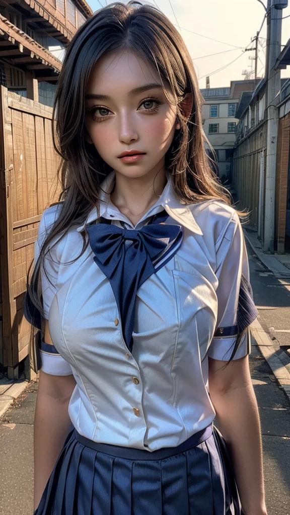 ((Beautiful Face:1.4)), (Purelos Face_v1: 1.0), Half Body, Half Body,(Surreal), (8k), (Very detailed), (Beautiful attention to detail), (Highest quality), (Very detailed), (masterpiece), (wallpaper), (Detailed face), alone, 1 girl,  ((school uniform:1.8)), Looking at the audience, Exquisite detail, Detailed faces, ((Natural big breasts:1.2))