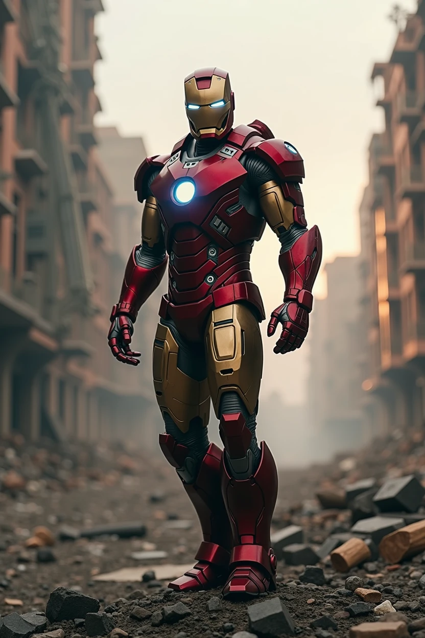 The Hero Iron Man in a destroyed city,your armor must be very worn