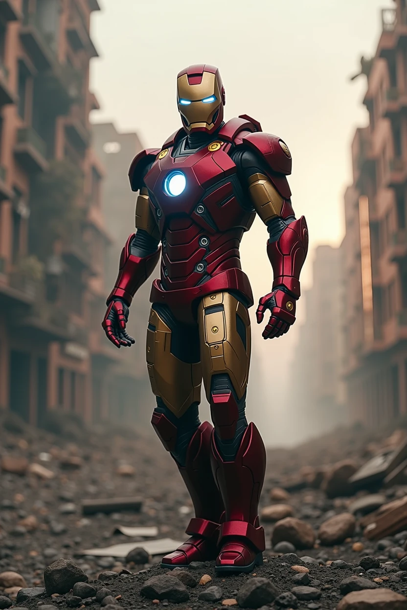 The Hero Iron Man in a destroyed city,your armor must be very worn