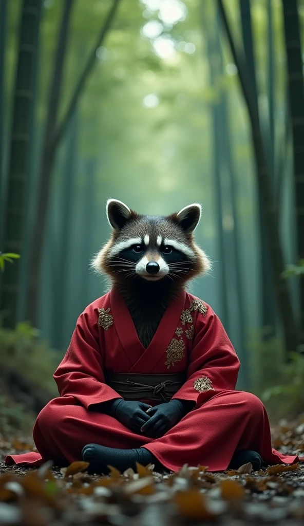 Create a cinematic video featuring Rocket Raccoon from the MCU, with detailed fur that is slightly bulged, wearing a red kimono adorned with intricate details. The scene shows Rocket in a meditative pose, sitting cross-legged in a serene, shadowy bamboo forest in Japan. The forest is depicted with barren, decaying green bamboo trees and weak, ghostly light filtering through the leaves. Include bamboo leaves gently falling from the trees, swirling through the air, and settling on the forest floor. The atmosphere is tense and suffocating, creating a disturbing and grim cinematic feel. Rocket has a pensive expression, reflecting deep concentration. The video should be shot in a cinematic, film photography style, with ultra-realistic detailing of Rocket's fur and kimono, in 8K resolution, ensuring masterpiece quality and a captivating, eerie atmosphere