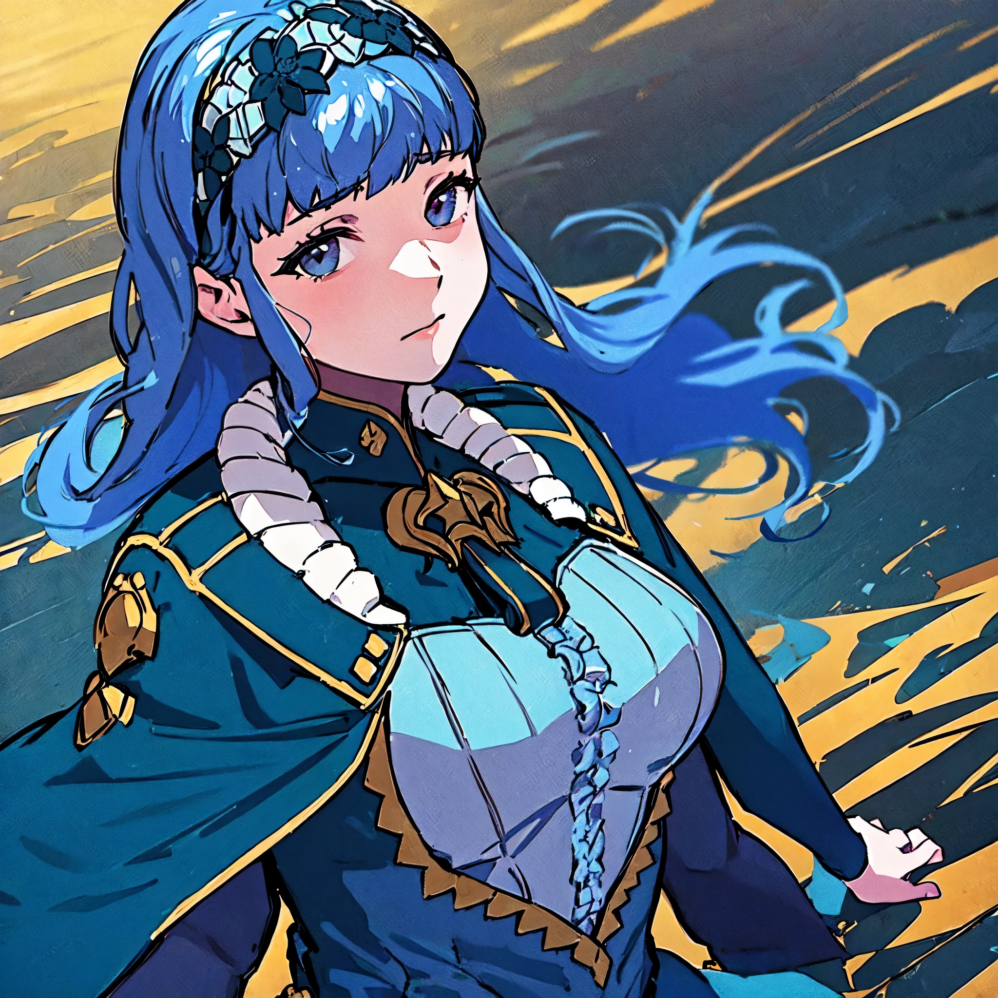 masterpiece, best quality, Marianne3Hopes, long hair, blue dress, capelet, hairband, cropped torso, closed mouth, simple background, looking at viewer, arms_under_breasts