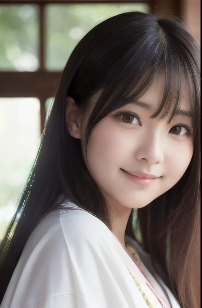 best quality, face focus, soft light, ultra high res, (photorealistic:1.4), RAW photo,(Shinozaki Ai), white skin, kawaii, 1 Japanese girl, solo, cute, (smile), (pupil, lights in the eyes), detailed beautiful face, Medium-sized breasts,(high resolution detail of human skin texture),(long hair),(portrait), upper body, white traditional kimono,