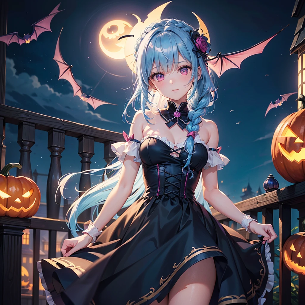 (Sky Blue Hair),(Braided medium hair:1.2), (Pink Eyes),Fair skin) ,(whole body),(One Girl),(Crescent Moon),(There are many pumpkin ghosts in the background),(If you don't give me sweets, I'll be mischievous.),Halloween Night Party),(masterpiece, Highest quality, Very detailed, Best Shadow), (Detailed Background), (Beautifully detailed face), High Contrast, (Best lighting, Very delicate and beautiful), ((Cinematic Light)), Hyper Detail,8k, Dramatic Light, Intricate details,Cute witch clothes,night,(Bats flying in the background),