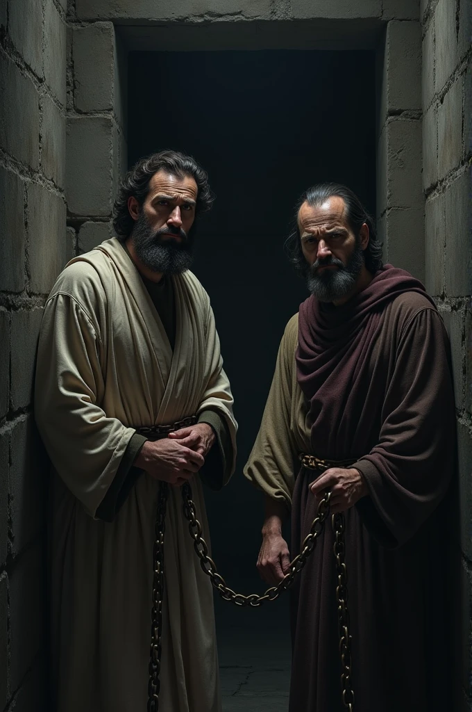 A picture of Paul and Silas chained in prison, with a dark and disturbing atmosphere.