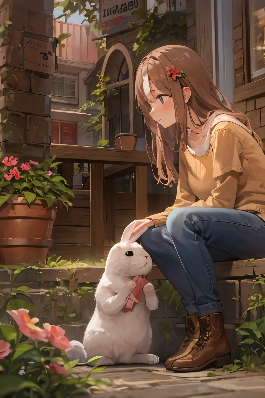"A heartwarming scene of a girl affectionately bonding with her beloved pet bunny in a charming and inviting patio setting."