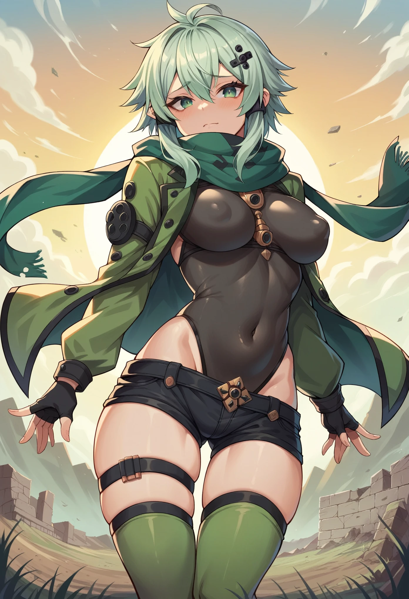 (masterpiece), best quality, expressive eyes, perfect face, highres, sinon1, scarf, fingerless gloves, long sleeves, short shorts,groin, hair ornament, hairclip, green thighhighs, green jacket,covered_nipples, thigh strap, field, sunset_ruins_landscape_background, ruined structures, dynamic_posing, looking at the viewer,,covered_navel,