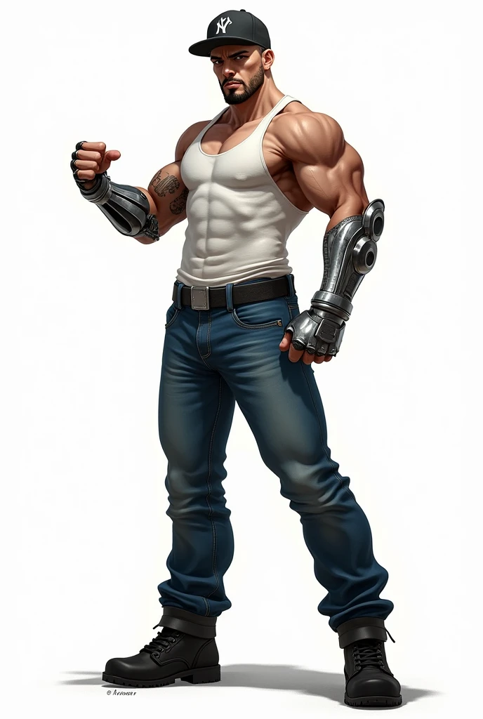 drawning, sharp colors, a strong man, zombie apocalypse style, 30years, short stature, black goatee, Black cap, white tank top, blue jeans, Black boots, a silver-plated prosthesis on the left hand, Furiosa, in punching position, white background, fully body