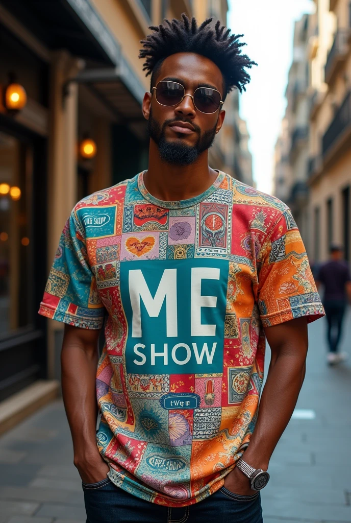 Mans wearing t-shirts all different patterns
luxury Brand name ME SHOW tag line live in style