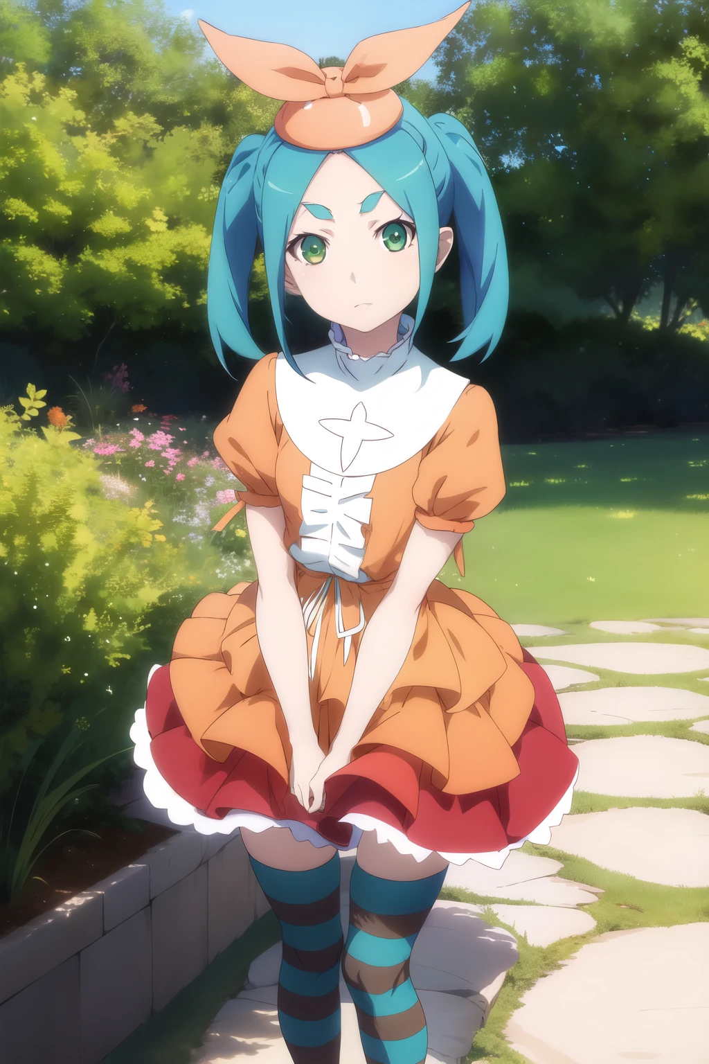 (ononoki yotsugi),One girl, View your viewers,
Striped pantyhose, blue and gray pantyhose, dress, (orange dress), white turtleneck collar, White frills, Have, Puff sleeves, Short sleeve,
Aqua Hair, short hair, Green Eyes, Twin tails, Thick eyebrows,
garden, wood, close,
Are standing, Place your arms between your legs,
Expressionless, Mouth closed,