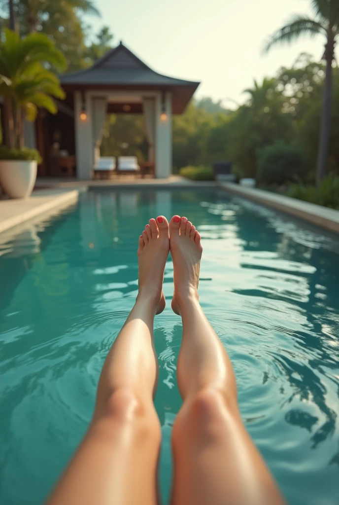 Pools in luxury homes overseas。A girl is sitting as if taking a foot bath。The thighs are the main focus。The photo is from a girl&#39;s first-person perspective。