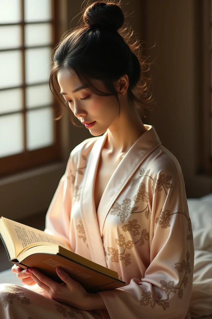 In an elegant home、Wearing an embroidered silk nightgown、A Japanese woman quietly enjoying reading。