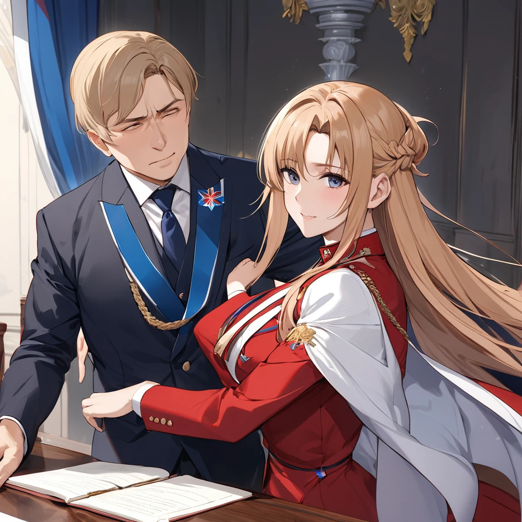 ((Highest quality)), ((masterpiece)), (detailed), (Perfect Face)、The woman is Yuuki Asuna, a Russian with light brown, semi-long hair.、The woman is a member of the United Russia party and is beautifully dressed in a suit and lavish accessories.、She is a United Russia member who is dedicated to the cause of a great United Russia, and she deeply respects and worships the leader of the Great Russian Party, a United Russia supremacist.、The woman is working for the great United Russia as a secretary to a high-ranking official, serving, embracing, accompanying and following him wholeheartedly.