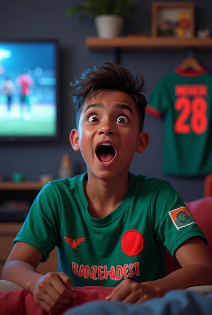 a bangladeshi cricket fan wearing bangladeshi cricket t-shirt with name "mehedi" and number "28" watching ODI world cup match.an flag and Bangladesh team t-shirt is hanged on wall with "mehedi" and number "28" .