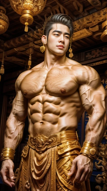 disconsolate,Ambient,artistic conception,large scene,The wind blew up the white curtains,Dattain lamps,Diffuse light,chest muscle,detailed face, Shirtless, stubbles, Sideburns, musculature, Strong handsome korean guy, a golden statue of handsome men god , multiple hands holding some weapons, , Hanfu,Golden blue、Jing Qing Moqing、jackson wang, Plain cherry blue,Junyi,Dignified atmosphere,Temperament,Short hair, Flat-headed beautiful man,The light is gentle,The scene comes to life