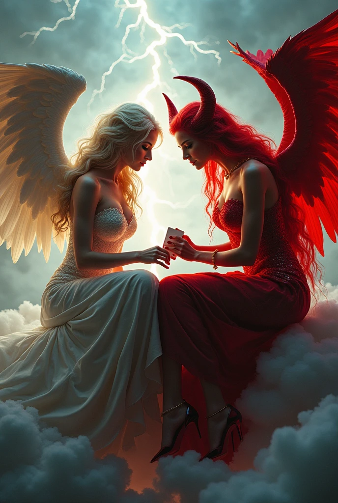 an angel and w demon playing a poker, a female angel wearing intricate dress glam dress, dynamic color dress, pale skin, best details beautiful face ,dynamic hair color, busty, small cleavage,  long hair wavy hair, white angelic wings, BREAK, a female demon (red skin: 1.5), demonic wings, demon horns, ,dynamic hair color, busty, small cleavage, red eyes, best details beautiful face, wearing a intricate dress glam dress, high heels, sitting and playing poker on a cloud, dynamic lightning, heaven background, vibrant, Ultra-high resolution, High Contrast, (masterpiece:1.5), highest quality, Best aesthetics), best details, best quality, highres, ultra wide angle, 16k, [ultra detailed], masterpiece, best quality, (extremely detailed), 