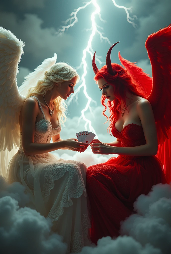 an angel and w demon playing a poker, a female angel wearing intricate dress glam dress, dynamic color dress, pale skin, best details beautiful face ,dynamic hair color, busty, small cleavage,  long hair wavy hair, white angelic wings, BREAK, a female demon (red skin: 1.5), demonic wings, demon horns, ,dynamic hair color, busty, small cleavage, red eyes, best details beautiful face, wearing a intricate dress glam dress, high heels, sitting and playing poker on a cloud, dynamic lightning, heaven background, vibrant, Ultra-high resolution, High Contrast, (masterpiece:1.5), highest quality, Best aesthetics), best details, best quality, highres, ultra wide angle, 16k, [ultra detailed], masterpiece, best quality, (extremely detailed), 