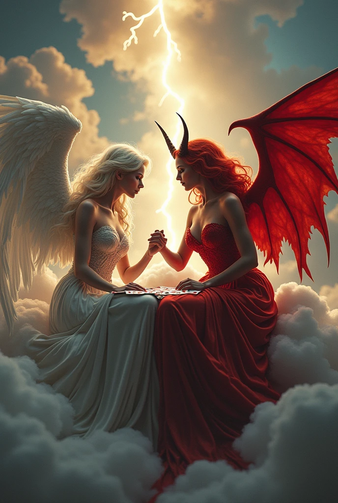 an angel and w demon playing a poker, a female angel wearing intricate dress glam dress, dynamic color dress, pale skin, best details beautiful face ,dynamic hair color, busty, small cleavage,  long hair wavy hair, white angelic wings, BREAK, a female demon (red skin: 1.5), demonic wings, demon horns, ,dynamic hair color, busty, small cleavage, red eyes, best details beautiful face, wearing a intricate dress glam dress, high heels, sitting and playing poker on a cloud, dynamic lightning, heaven background, vibrant, Ultra-high resolution, High Contrast, (masterpiece:1.5), highest quality, Best aesthetics), best details, best quality, highres, ultra wide angle, 16k, [ultra detailed], masterpiece, best quality, (extremely detailed), 