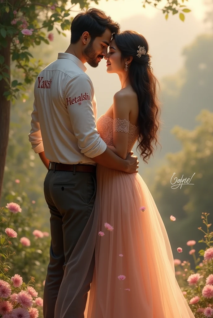 Generate a image of a couple and the dress of girl the name hetankshi must be written and the shirt of boy the name yaksh must be written.
