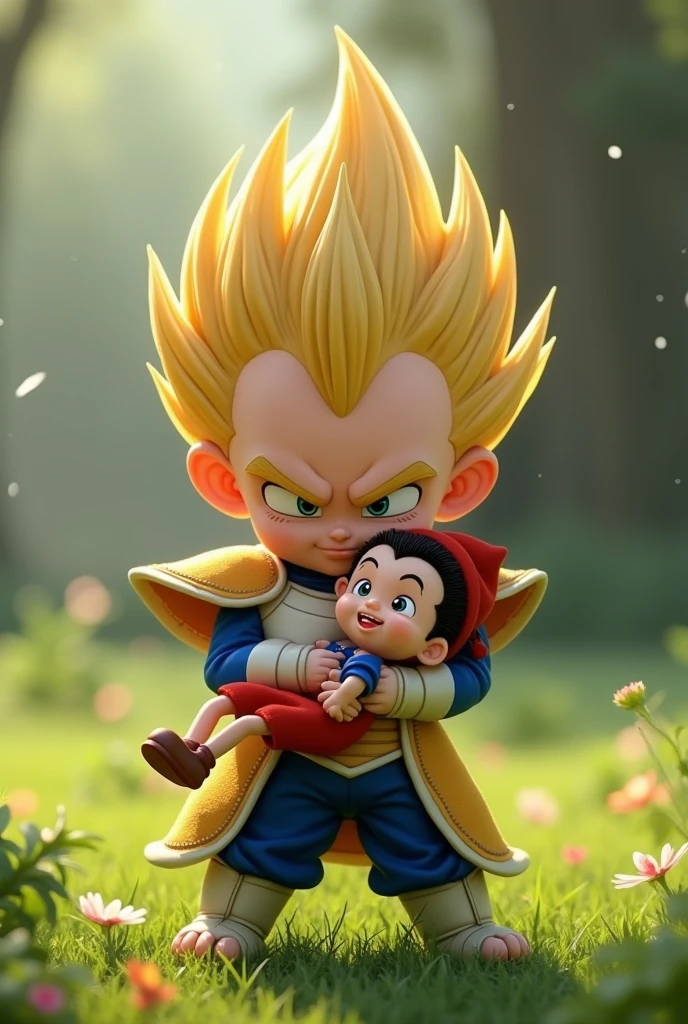 Vegeta child holding a Pinocchio plush in his arms