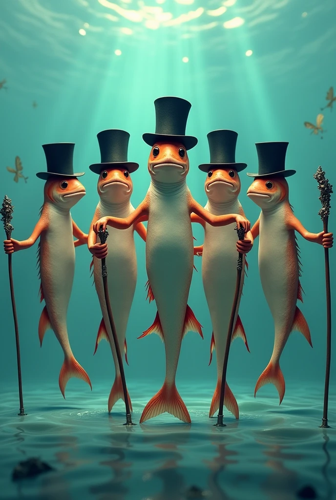Naked fish with top hats on their heads、Holding a walking stick in one hand、They are dancing in a line in the ocean, arms around each other.。