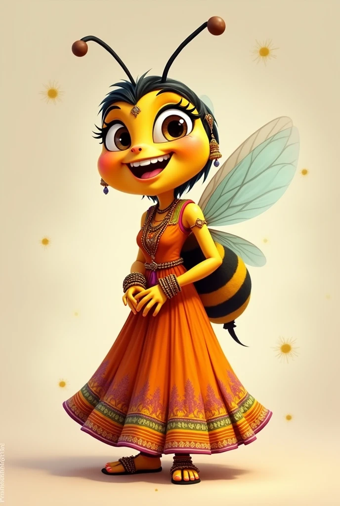 2D cartoon of a bee dressed as an Indian, not very realistic, maintain insect features, head on. With a big smile and a long dress