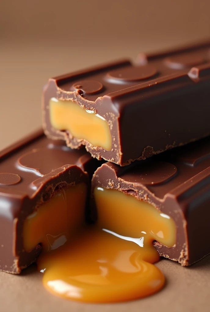 Take a picture of a broken chocolate bar with caramel flowing out