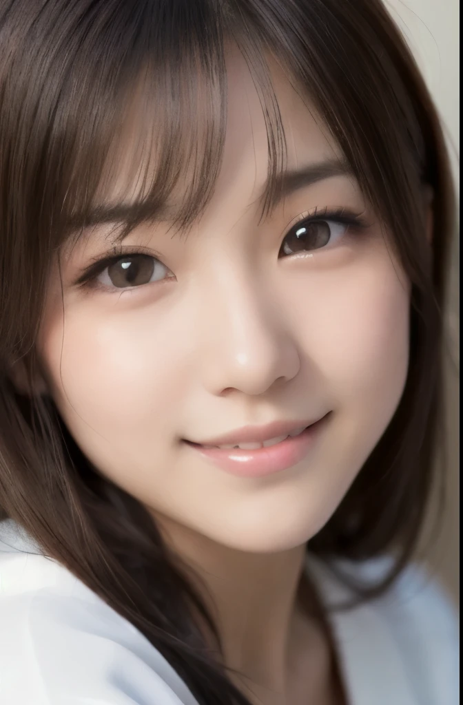 best quality, face focus, soft light, ultra high res, (photorealistic:1.4), RAW photo,(Shinozaki Ai), white skin, kawaii, 1 Japanese girl, solo, cute, (smile), (pupil, lights in the eyes), detailed beautiful face, Medium-sized breasts,(high resolution detail of human skin texture),(long hair),(portrait), upper body, white traditional kimono,