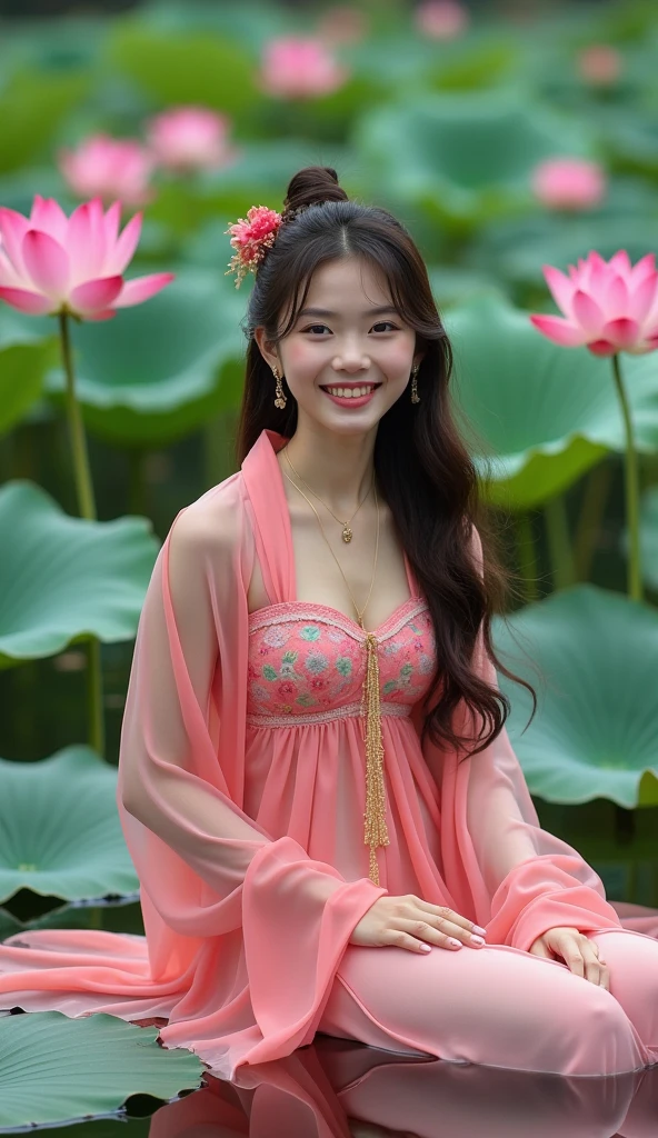 Photographic Reality ((Big lotus flower background)) Looking straight at the camera ((smile)) Absurd, High resolution, Very detailed, (1 girl:1.3), ((Photographic Reality)), Simple lines, Beautiful woman in colorful Chinese Hanfu, Sexy Woman, Near the lotus pond, masterpiece, Sit on the water, Floating clothes, Flowing Hair