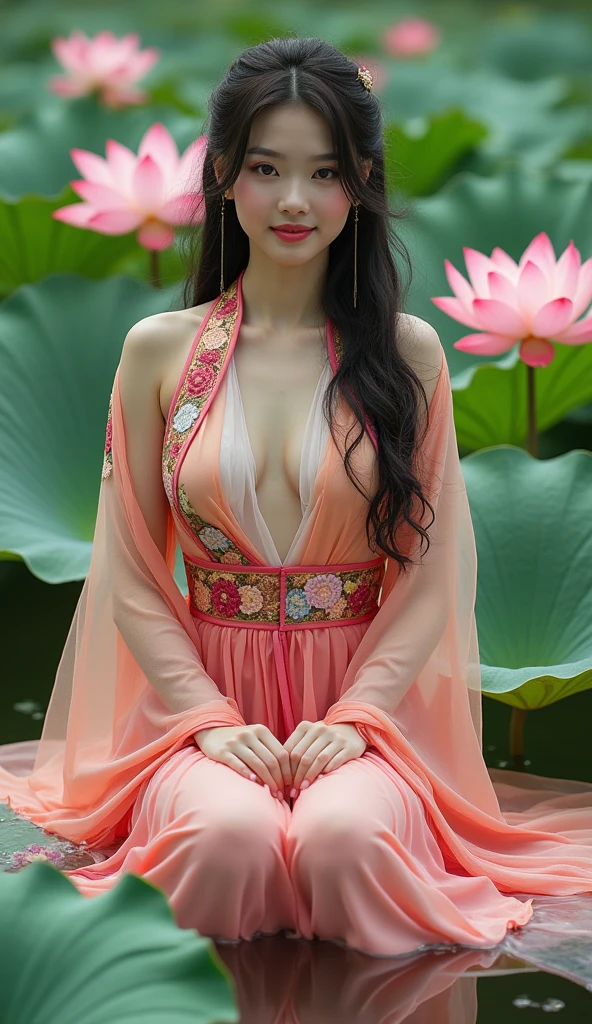 Photographic Reality ((Big lotus flower background)) Looking straight at the camera ((smile)) Absurd, High resolution, Very detailed, (1 girl:1.3), ((Photographic Reality)), Simple lines, Beautiful woman in colorful Chinese Hanfu, Sexy Woman, Near the lotus pond, masterpiece, Sit on the water, Floating clothes, Flowing Hair