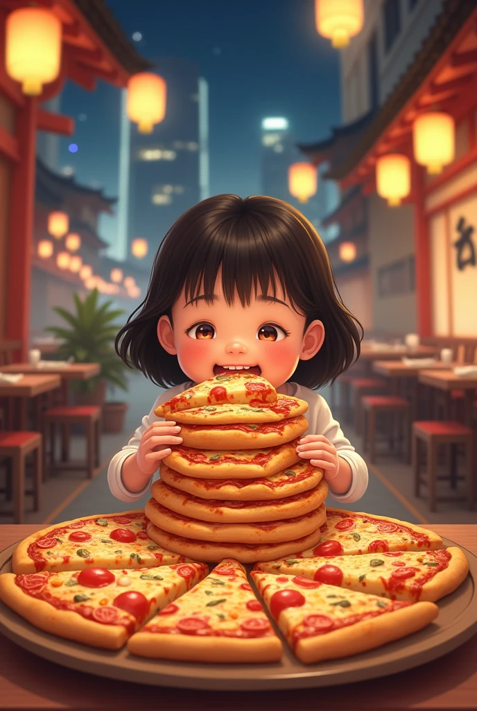 A 5 year old cute girl eating 100 pizza in the Japan famous restaurant in night