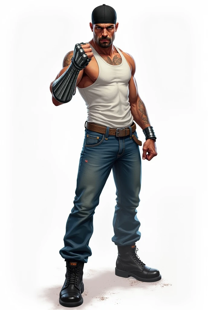 drawning, sharp colors, a strong man, zombie apocalypse style, 30years, short stature, black goatee, Black cap, white tank top, blue jeans, Black boots, a silver-plated prosthesis on the left hand, Furiosa, in punching position, white background, fully body