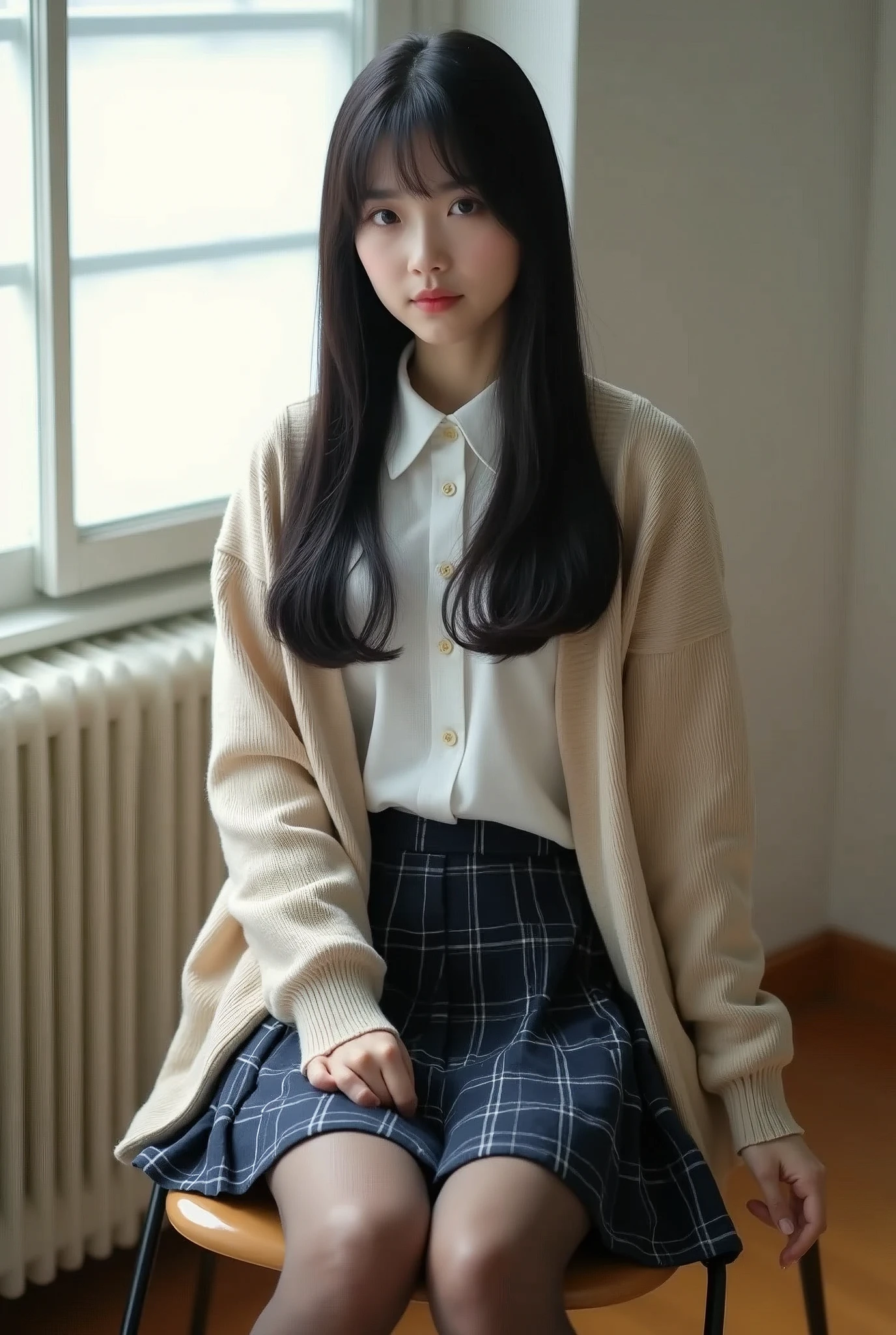 (((8k、High resolution、Highest quality、High resolution)))alone、Natural body shape、White skin、Natural Makeup、((Black Hair、bangs、Straight Long Hair))、((()))、Sitting on a chair、(Shooting from below:1.8), (())、(((((Full body photo)))))、(((Looking into the camera)))、(((Wear a uniform on the upper body)))、Bedroom、(((Of high school))) 、((white collared long sleeve blouse))、((Beige cardigan))、((Pleated skirt with dark blue plaid pattern、mini skirt、Ultra-realistic pantyhose))、、、Expressionless、((Exposing your thighs)),