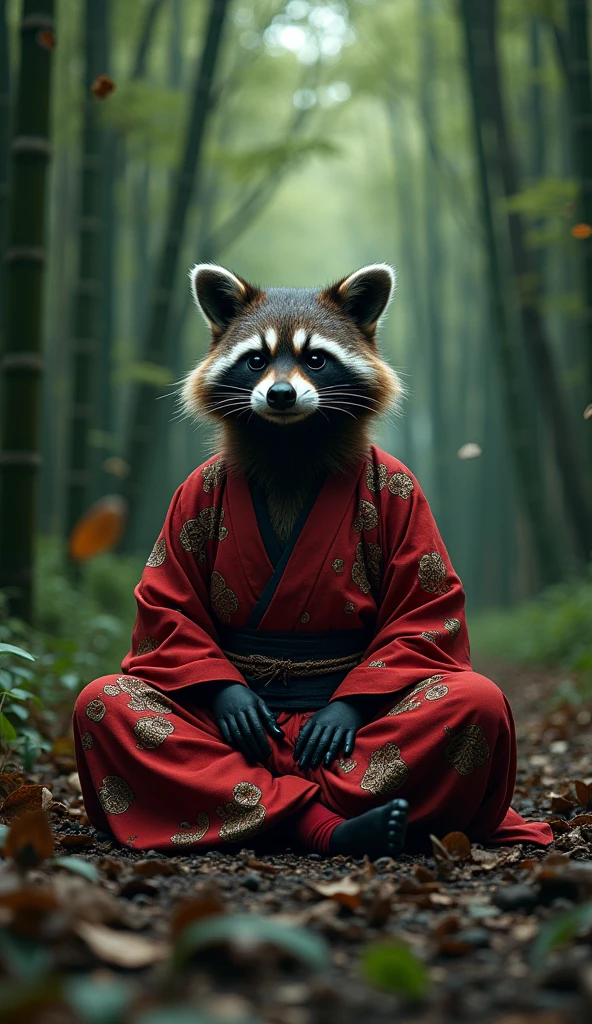 Create a cinematic video featuring Rocket Raccoon from the MCU, with detailed fur that is slightly bulged, wearing a red kimono adorned with intricate details. The scene shows Rocket sitting in a meditative pose in a shadowy and oppressive bamboo forest in Japan. The forest features barren, decaying green bamboo trees and weak, ghostly light filtering through the leaves. Include a dramatic effect with bamboo leaves gently falling from the trees. The leaves should swirl gracefully through the air, creating a sense of calm and movement, before settling on the forest floor. The atmosphere is tense and suffocating, adding to the overall disturbing and grim cinematic feel. The video should be shot in a cinematic, film photography style, with ultra-realistic detailing of Rocket's fur and kimono, in 8K resolution, ensuring masterpiece quality and a captivating, eerie atmosphere.