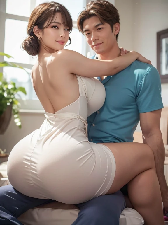 score_9, score_8_superior, score_7_superior, sauce_anime, One boy, One girl, Mature Woman, Mother and stepchild , Mature Men, Captivating smile, View your viewers, The mother is sitting, Stepson clings to his mother, White tight dress, From behind, (Look at her waist), 義理の息子のsuperiorに座る