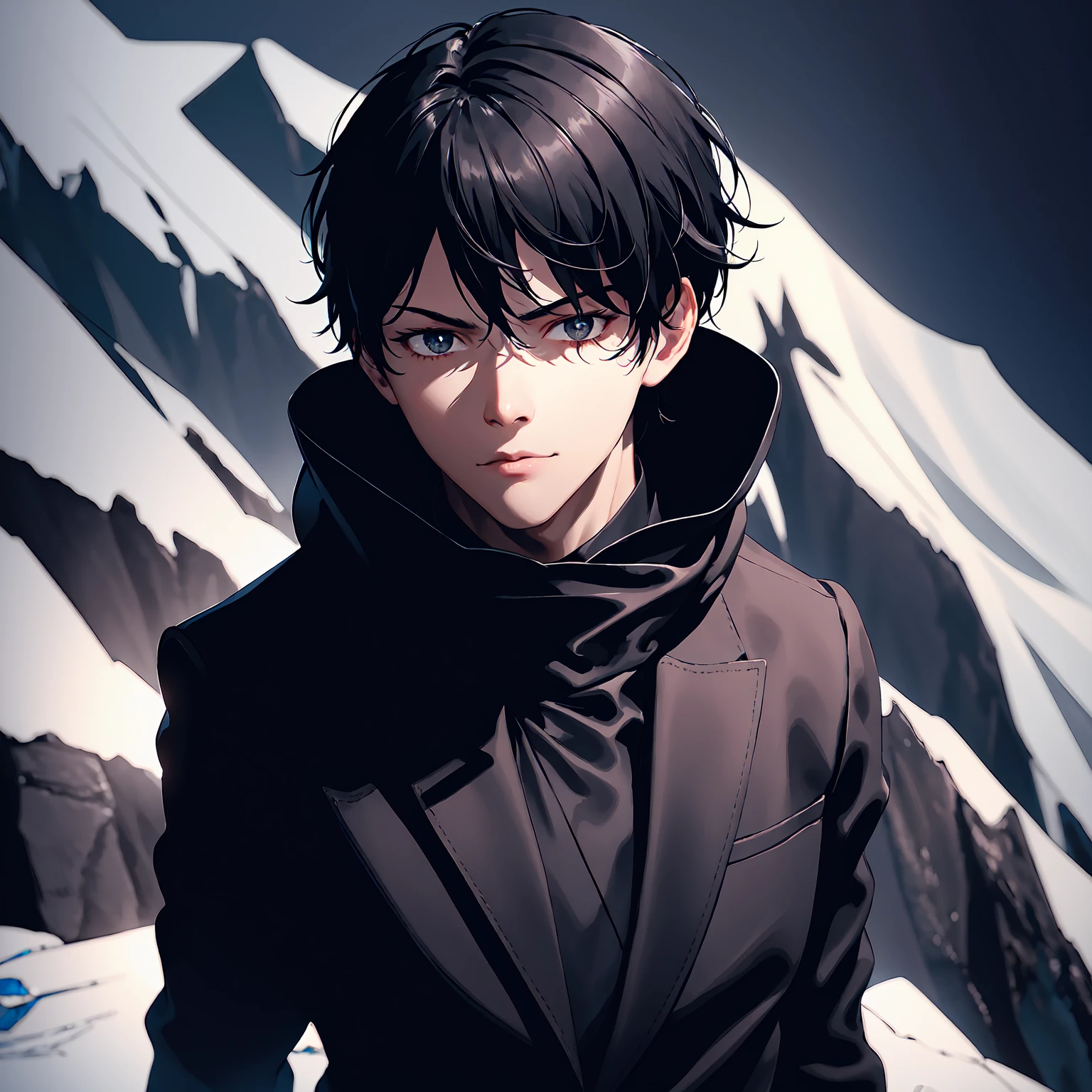 1 boy, black short hair, dark black eyes, Wearing an all black suit, top of a ice glacier, high resolution, extra sharp, 8K, Masterpiece, Look at the audience from behind,Serious Look On Face,Antarctica