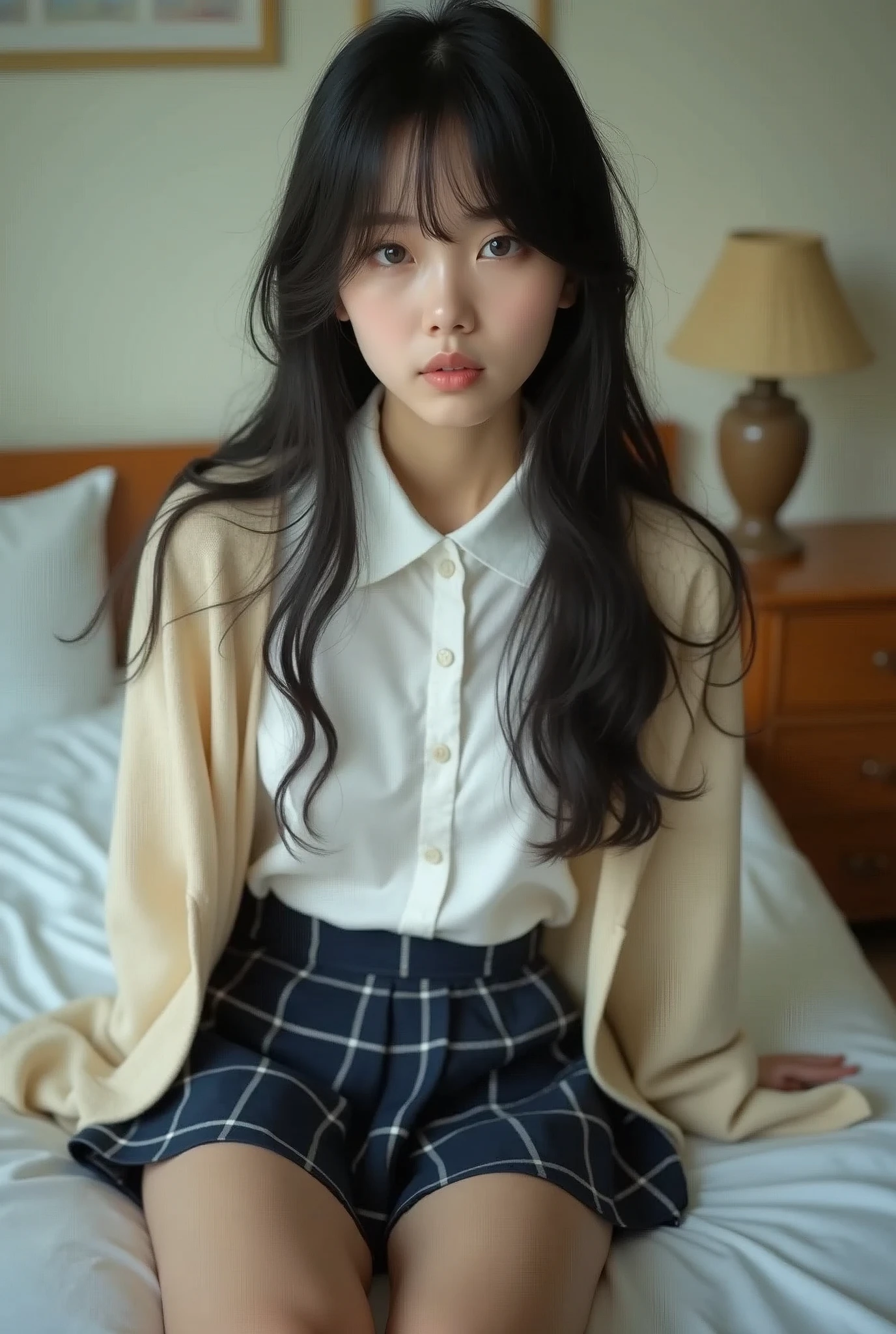 (((8k、High resolution、Highest quality、High resolution)))alone、Natural body shape、White skin、Natural Makeup、((Black Hair、bangs、Straight Long Hair))、((()))、Sitting on a chair、(Shooting from below:1.8), (())、(((((Full body photo)))))、(((Looking into the camera)))、(((Wear a uniform on the upper body)))、Bedroom、(((Of high school))) 、((white collared long sleeve blouse))、((Beige cardigan))、((Pleated skirt with dark blue plaid pattern、mini skirt、Ultra-realistic pantyhose))、、、Expressionless、((Exposing your thighs)),
