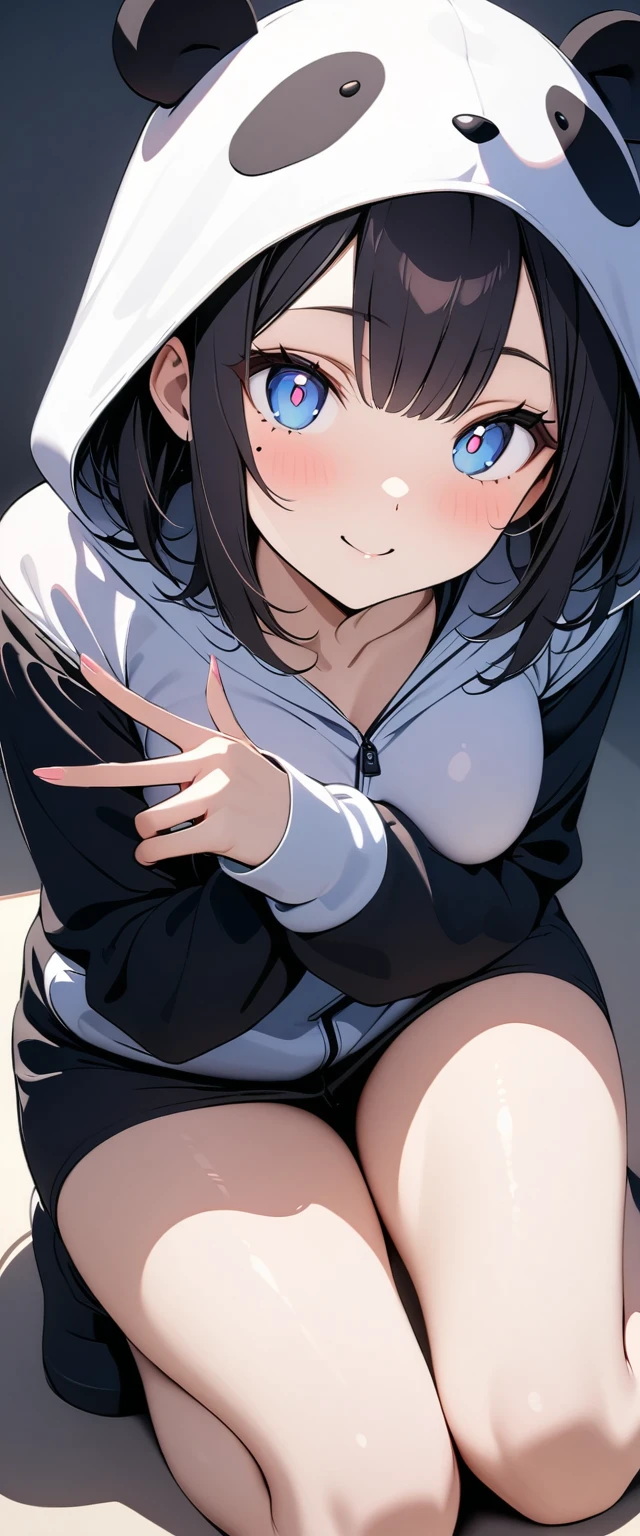 (Highest quality),(masterpiece), 8k,Very detailed, Detailed light, Best Shadow,Detailed reflective eyes, Very detailedな顔,Shiny Hair,(1 girl:1.2),woman,Gloss,Black Hair,smile,Beautiful fingers,Beautiful Hands,whole body,blue eyes,(Medium length hair:1.2),thin,Mole under the eye,Panda costume,(Panda Stuffed Animal:1.2),(大きいPanda Stuffed Animal:1.2),Hug a stuffed animal,