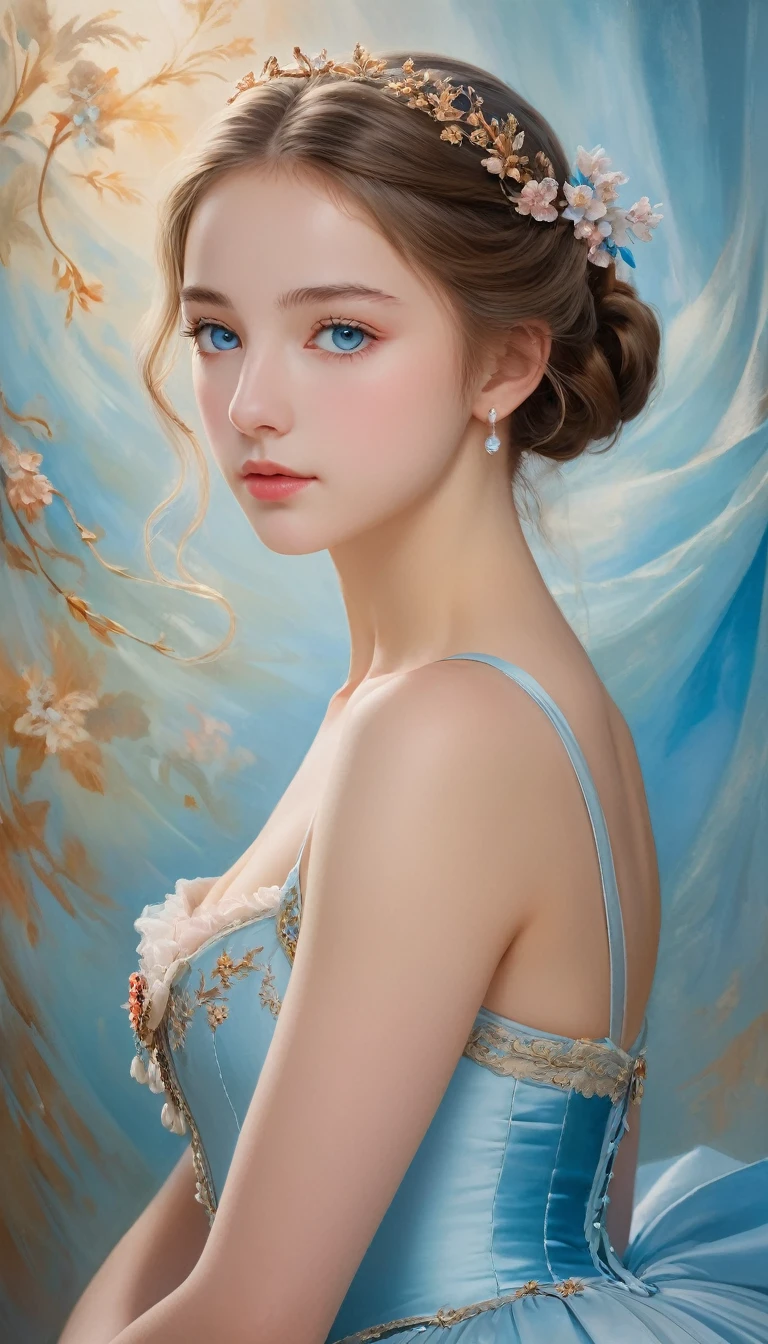 (High resolution,masterpiece:1.2),(Realistic:1.37)"(Highest quality, High resolution, Very detailed, Realistic),Beautiful portrait of a 16-year-old French ballet dancer from the 19th century, (She is half French and half Japanese., She is a stunning beauty with ice blue eyes and a high nose.:1.1), Exquisite ballet costumes, Detailed facial features, Long and graceful neck, Flowing locks of hair, Calm and elegant posture, Soft and delicate lighting, Classical Oil Painting Medium, Vibrant colors, Delicate background with flame motif", Dreamy atmosphere, Surrealism,Mysterious Aura