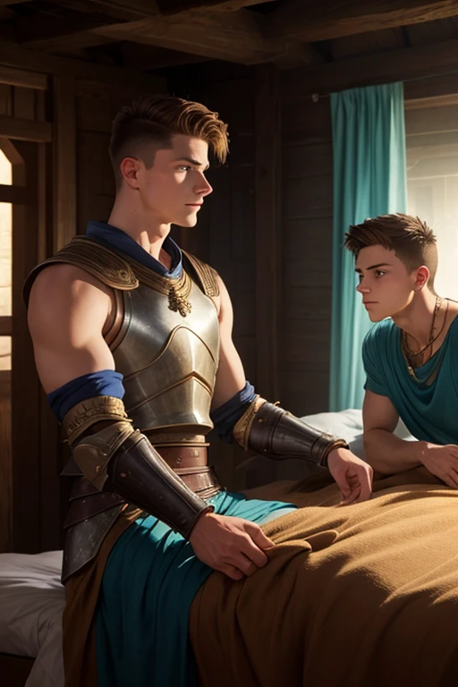 Photo-realistic. A pleased, 16-year-old, handsome, muscular Caucasian man with fade-cut, brown hair, and blue eyes, wearing shabby, sleeveless, leather armor, with metal shoulder guards, boasting, as he tells a dramatic story to a 15-year-old, lean, Caucasian peasant man, with short, brown hair, and blue eyes, in a blue and green tunic, listening in wonder, sitting next to each other on a simple bed, in a rustic inn room, at night.