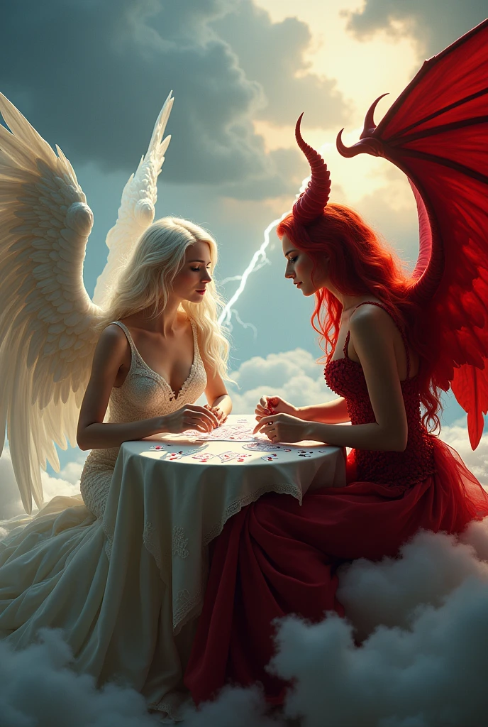 an angel and w demon playing a poker game of cards, a female angel wearing intricate dress glam dress, dynamic color dress, pale skin, best details beautiful face ,dynamic hair color, busty, small cleavage,  long hair wavy hair, white angelic wings, BREAK, a female demon (red skin: 1.5), demonic wings, demon horns, ,dynamic hair color, busty, small cleavage, red eyes, best details beautiful face, wearing a intricate dress glam dress, high heels, sitting and playing poker on a cloud, dynamic lightning, heaven background, vibrant, Ultra-high resolution, High Contrast, (masterpiece:1.5), highest quality, Best aesthetics), best details, best quality, highres, ultra wide angle, 16k, [ultra detailed], masterpiece, best quality, (extremely detailed), 
