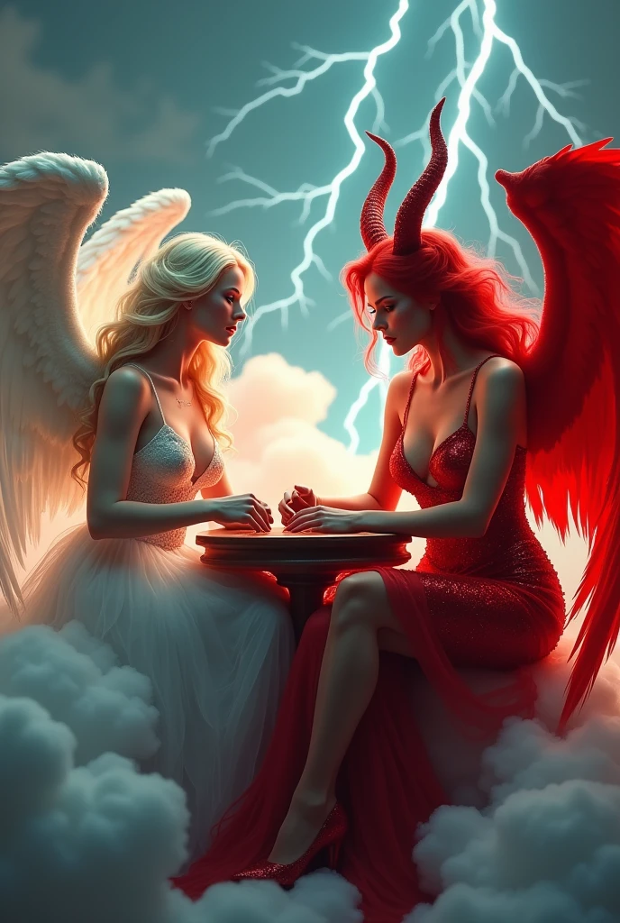 an angel and w demon playing a poker game of cards, a female angel wearing intricate dress glam dress, dynamic color dress, pale skin, best details beautiful face ,dynamic hair color, busty, small cleavage,  long hair wavy hair, white angelic wings, BREAK, a female demon (red skin: 1.5), demonic wings, demon horns, ,dynamic hair color, busty, small cleavage, red eyes, best details beautiful face, wearing a intricate dress glam dress, high heels, sitting and playing poker on a cloud, dynamic lightning, heaven background, vibrant, Ultra-high resolution, High Contrast, (masterpiece:1.5), highest quality, Best aesthetics), best details, best quality, highres, ultra wide angle, 16k, [ultra detailed], masterpiece, best quality, (extremely detailed), 