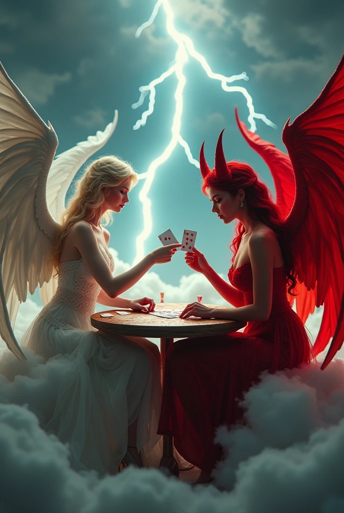 an angel and w demon playing a poker game of cards, a female angel wearing intricate dress glam dress, dynamic color dress, pale skin, best details beautiful face ,dynamic hair color, busty, small cleavage,  long hair wavy hair, white angelic wings, BREAK, a female demon (red skin: 1.5), demonic wings, demon horns, ,dynamic hair color, busty, small cleavage, red eyes, best details beautiful face, wearing a intricate dress glam dress, high heels, sitting and playing poker on a cloud, dynamic lightning, heaven background, vibrant, Ultra-high resolution, High Contrast, (masterpiece:1.5), highest quality, Best aesthetics), best details, best quality, highres, ultra wide angle, 16k, [ultra detailed], masterpiece, best quality, (extremely detailed), 