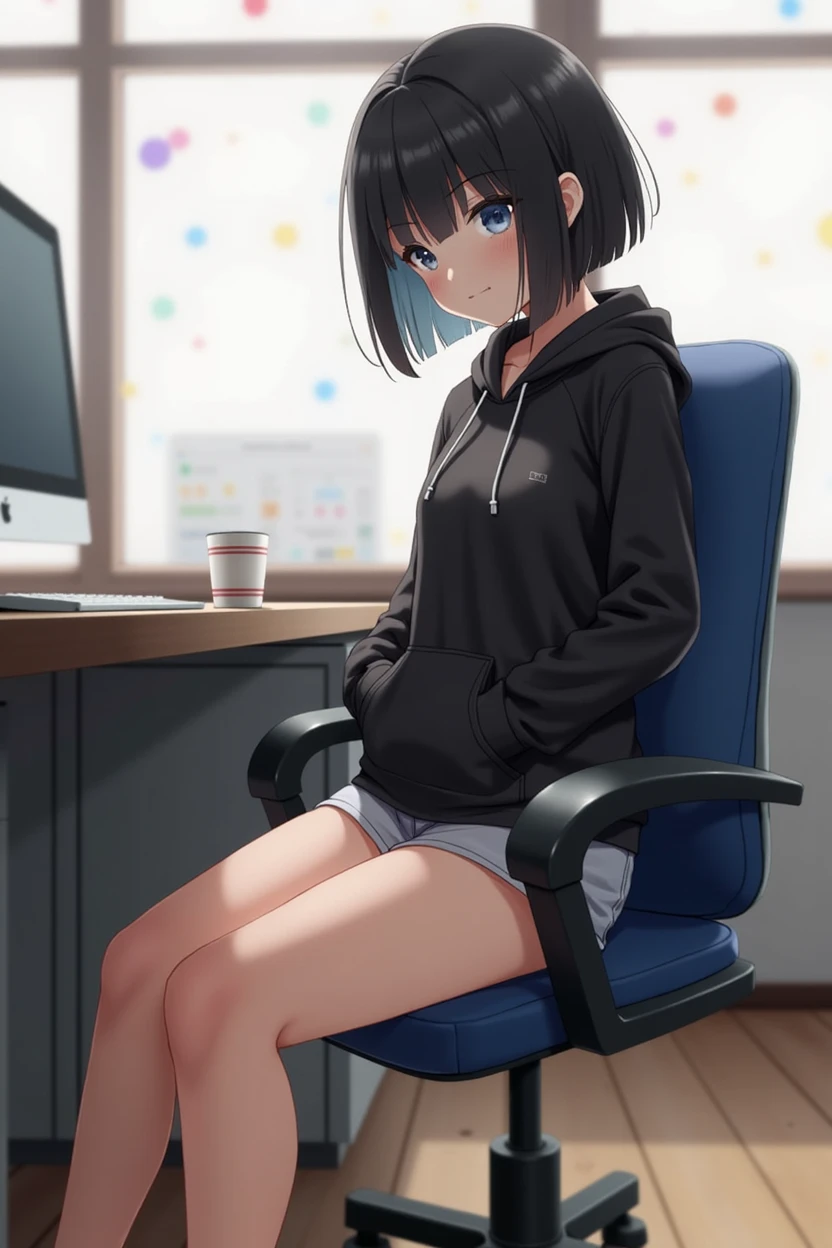A girl sitting in an office chair in a streamer-like room。Looks like an elementary school student、Black short bob。With a neutral face、Height: about 140cm。slender and small breasts。Wearing a black hoodie、Shorts underneath。Her slender bare legs are exposed.