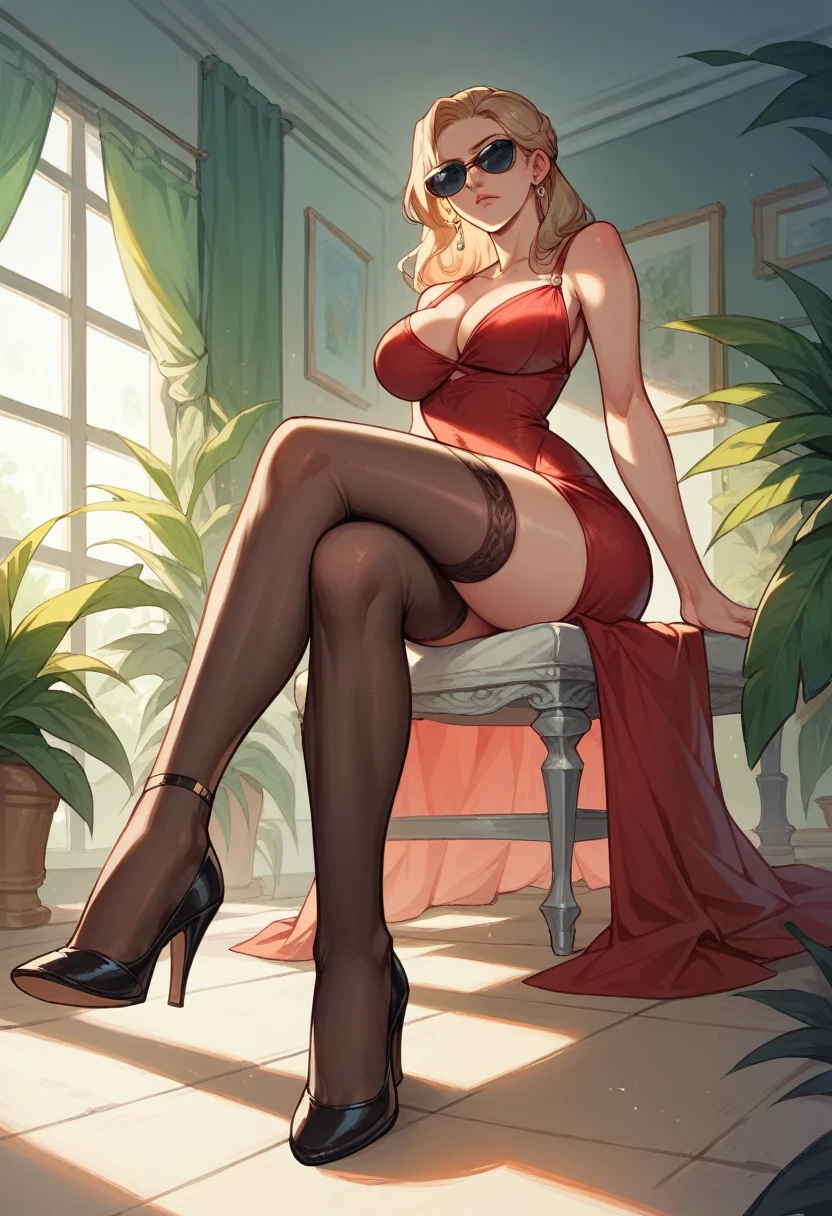 MILF, long lush blond hair, sexy and expansive red dress, blue eyes, sunglasses, lavish Livingroom, black stockings, legs crossed, high heels, looking down, frowning