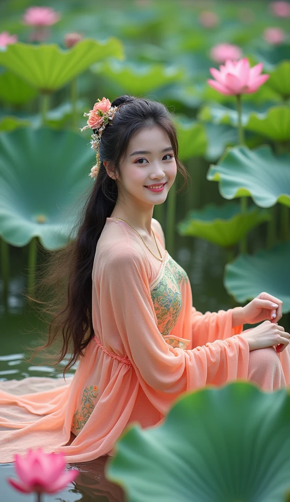 Photographic Reality ((Big lotus flower background)) Looking straight at the camera ((smile)) Absurd, High resolution, Very detailed, (1 girl:1.3), ((Photographic Reality)), Simple lines, Beautiful woman in colorful Chinese Hanfu, , Near the lotus pond, masterpiece, Sit on the water, Floating clothes, Flowing Hair