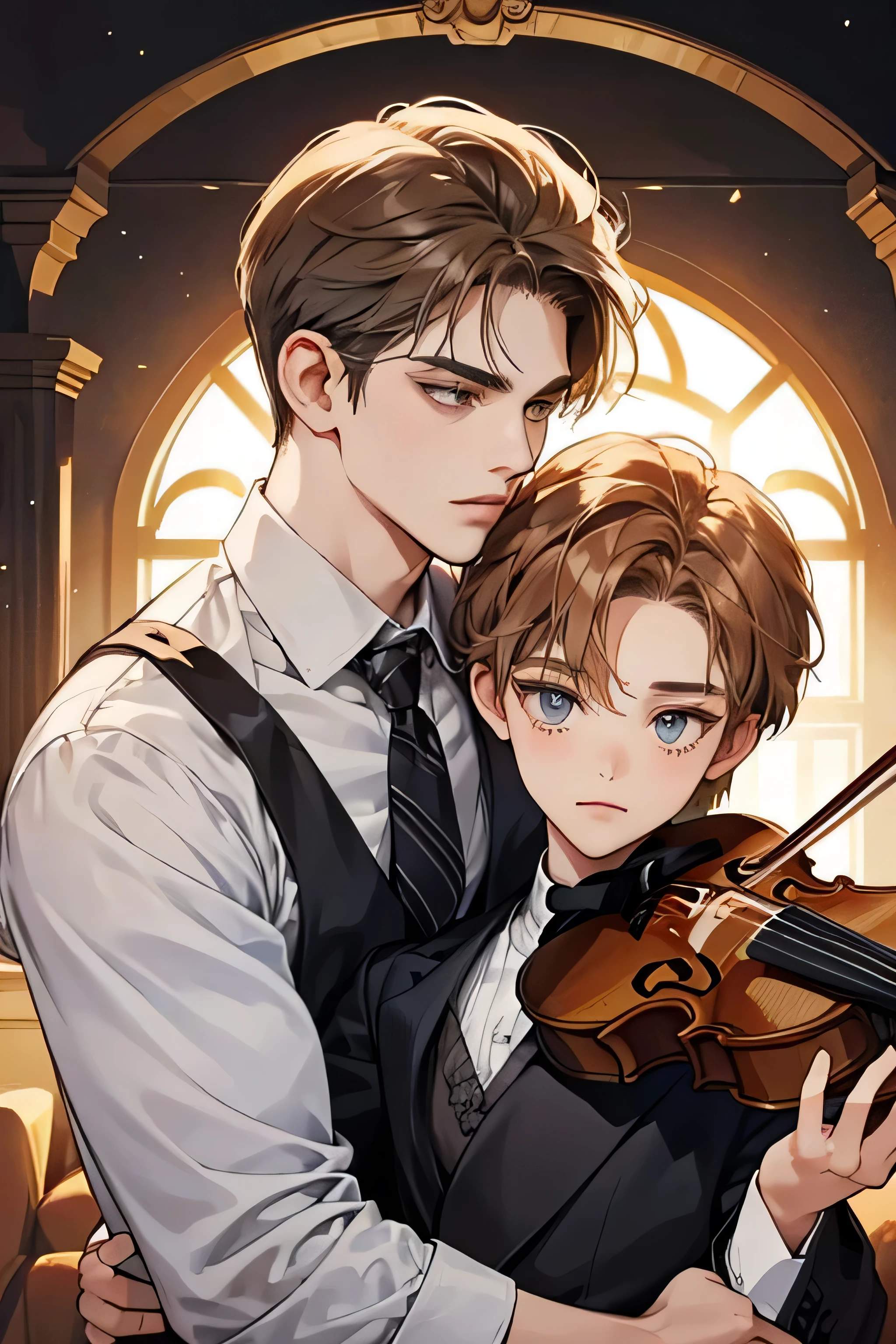 The boy has a handsome face., Symmetrical face, symmetrical eyes. Short golden brown hair and grey eyes, hugging a violin, eyes closed