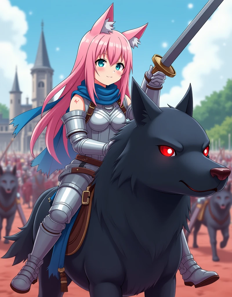 Anime style war, seruous style, 1nekogirl, pink_and_white_cat_ears, fox tail, limited palette, long Straight pink hair, detailed blue eyes. Cat face expression. She is a Mercenary with scars, She is riding a black demon wolf. Outdoor scenery. Point a sword upwards. Behind them there is an army. War is coming. She wear a light armour, with blue trasparent veil. She has bare shoulders. They will fight on Red clay. Castle behind her. Cinematic lights 