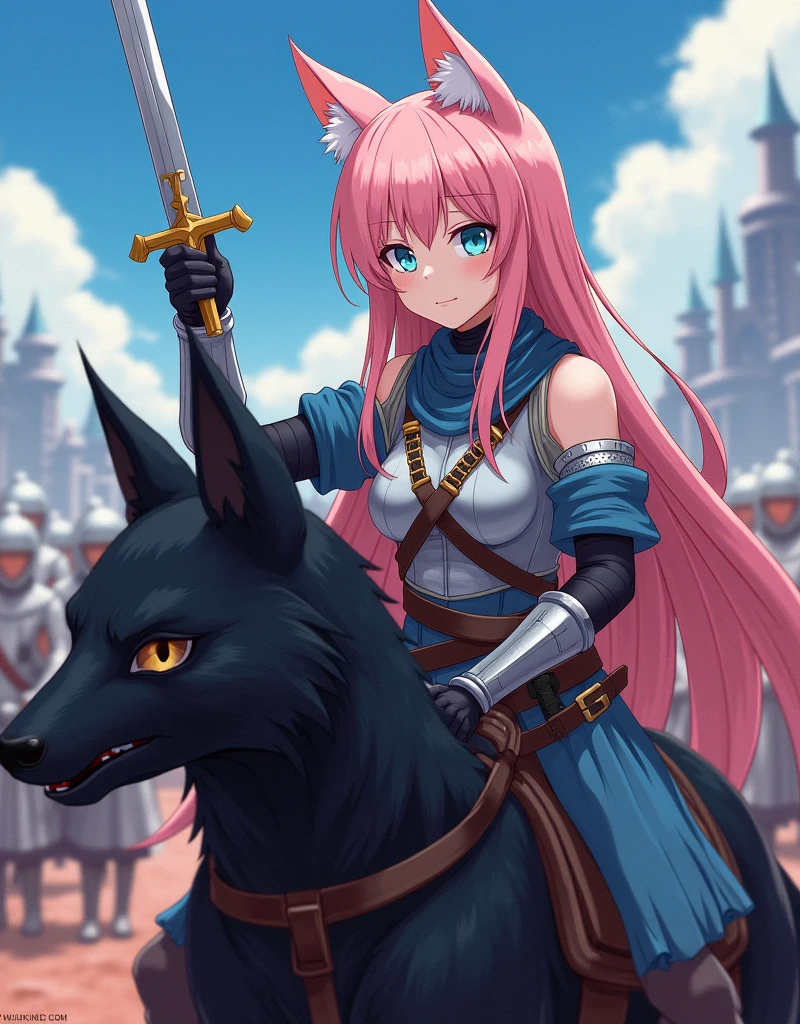 Anime style war, seruous style, 1nekogirl, pink_and_white_cat_ears, fox tail, limited palette, long Straight pink hair, detailed blue eyes. Cat face expression. She is a Mercenary with scars, She is riding a black demon wolf. Outdoor scenery. Point a sword upwards. Behind them there is an army. War is coming. She wear a light armour, with blue trasparent veil. She has bare shoulders. They will fight on Red clay. Castle behind her. Cinematic lights