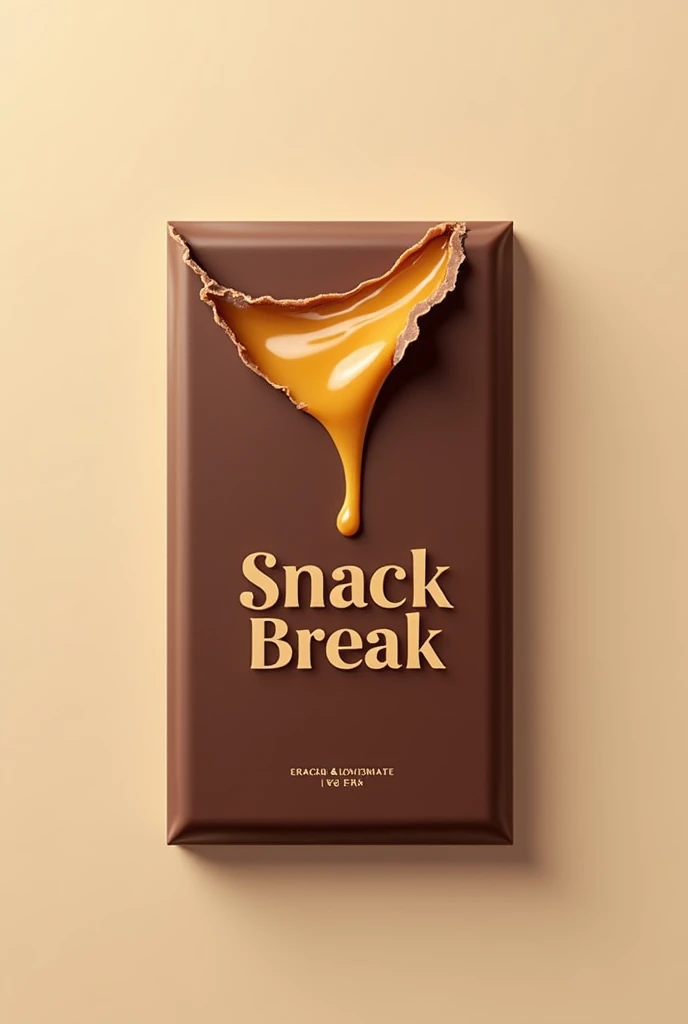 Take a picture of a broken chocolate bar with caramel flowing out, it's supposed to be a logo, it's also half wrapped and it says Snack Break on it