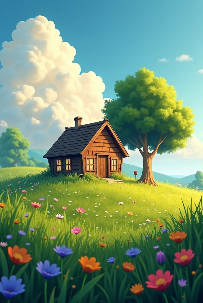 The image depicts a serene and picturesque landscape with a small wooden house situated in the middle of a lush green meadow. The house is surrounded by tall, verdant grass and a variety of wildflowers, adding to the idyllic and peaceful atmosphere of the scene.
A large, leafy tree stands near the house, offering shade and complementing the natural beauty of the surroundings. The sky is a striking feature, with a vast expanse of deep blue, filled with dramatic, fluffy clouds illuminated by the sunlight, casting a golden glow on the edges.
The overall color palette is vibrant, with the greens of the grass and trees, the blues of the sky, and the warm tones of the sunlight creating a harmonious and inviting environment. The scene exudes tranquility, making it feel like a perfect escape from the hustle and bustle of everyday life.